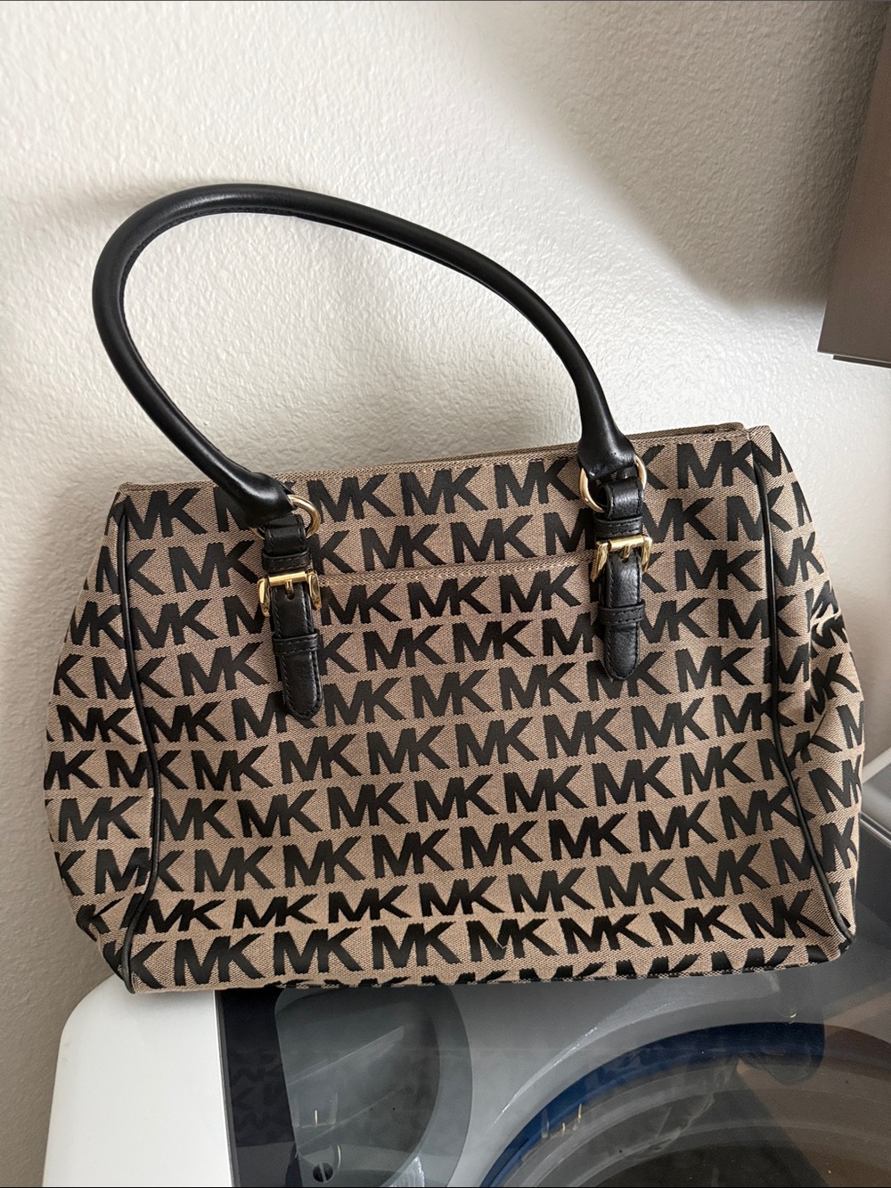 Michael Kors Brown MK Monogram Tote with Black Handles